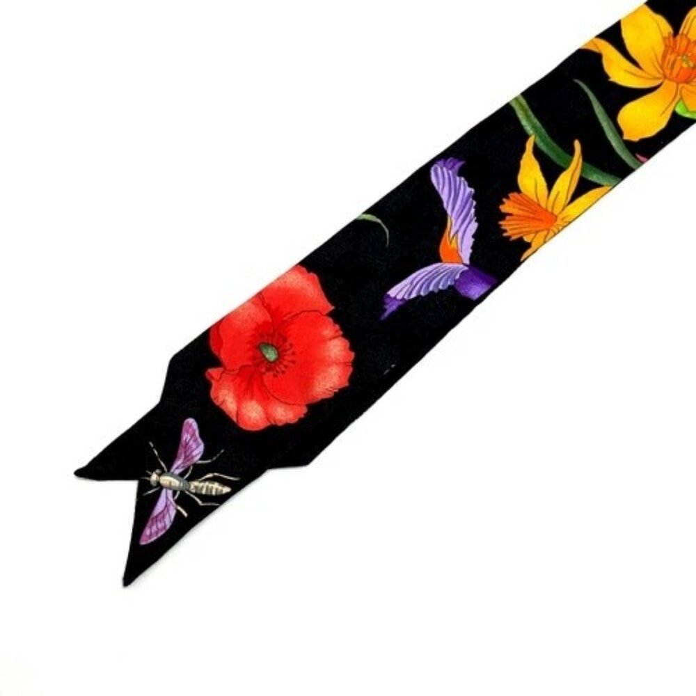 GUCCI 761704 GG Flora print Neck bow Scarf silk Black - Picture 4 of 10